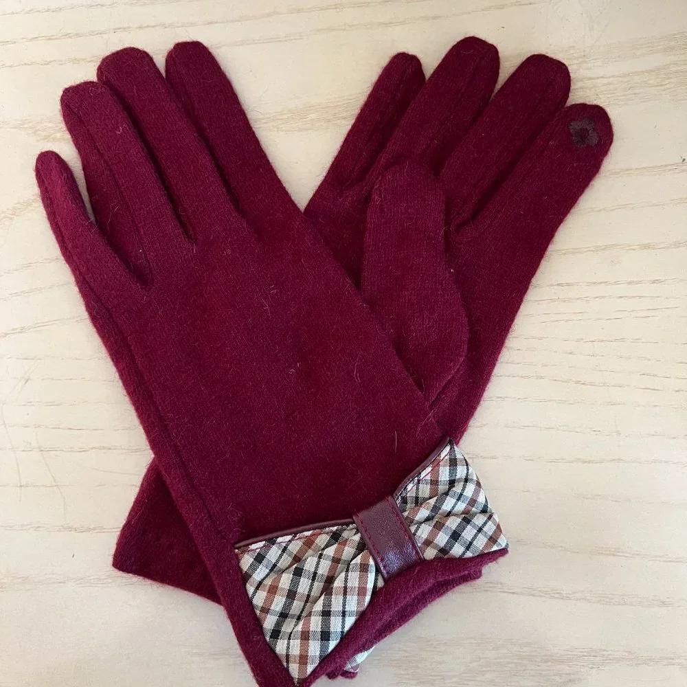 🖤 Burgundy Elegant Ladies Gloves With Plaid Bow Touch Screen Smart NWT